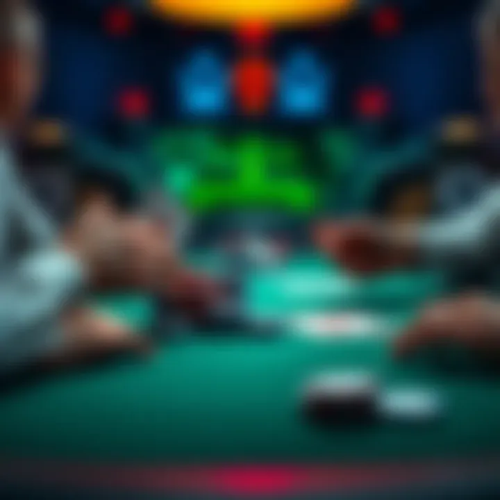 A poker table scene showing a bluffing player with a suited connector facing off against an opponent holding pocket kings, with chips and cards in focus.