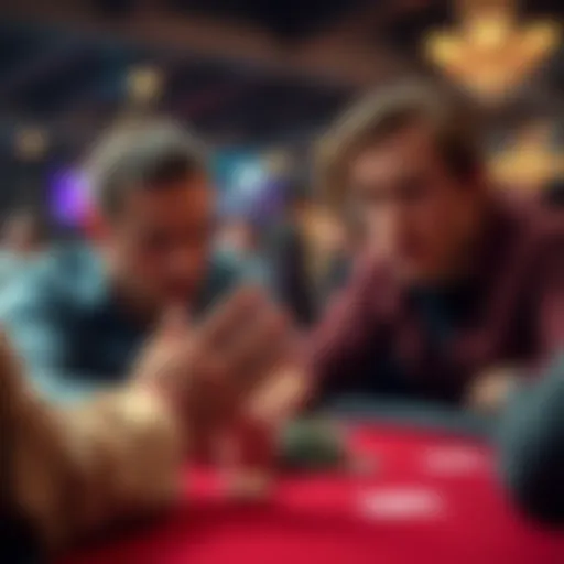 Poker hand showdown A player confidently bets in a poker game, showcasing chips and cards on the table. The opponent looks surprised, reflecting an intense moment of bluffing.