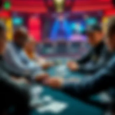 Poker Hand Strategies A group of poker players at a table analyzing their hands with cards and chips in front of them, focusing on PLO strategies.