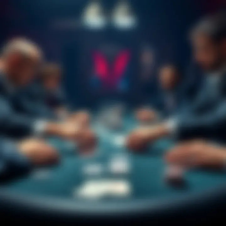 A tense poker game showing players making bets and facing off over a table with cards.