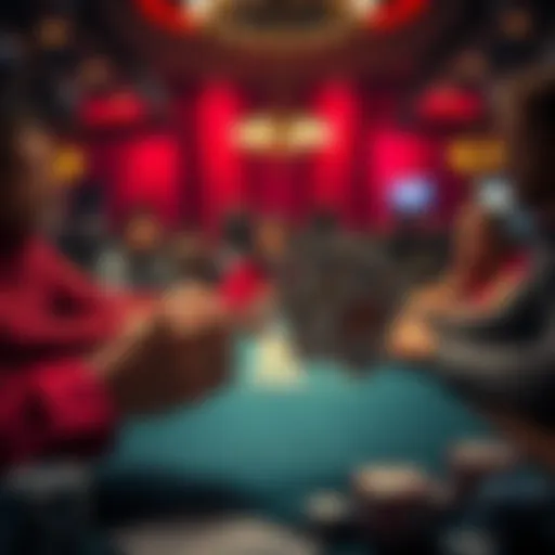 Poker hand with two queens A poker table with a player holding two queen cards, focused on their hand while others watch the game