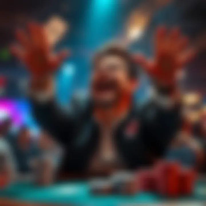 A person celebrating after winning a poker game with a royal flush against a full house, showing excitement and joy.