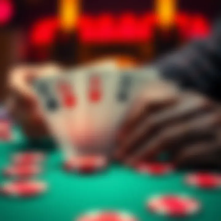 Close-up of poker hands K9s and QTs on a table with poker chips