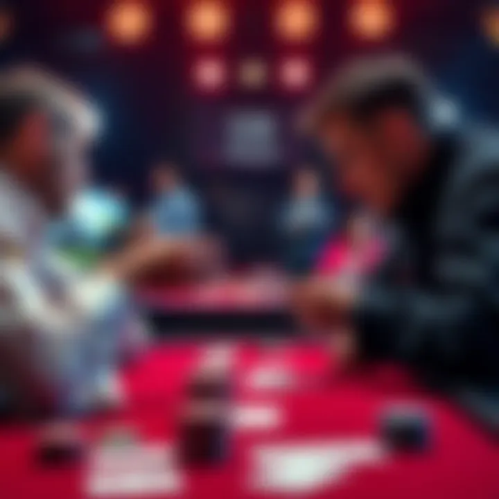Two players facing off in a poker game with cards on the table, considering their next move in a Blind vs Blind scenario.