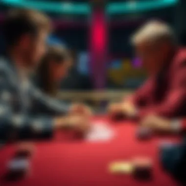 Poker hands at the table Two players discussing strategy over poker cards at a table
