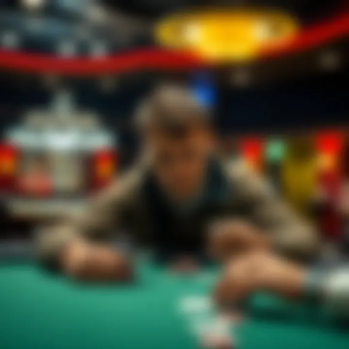 A person sitting at a poker table, focused on their game, with poker chips and cards in hand.