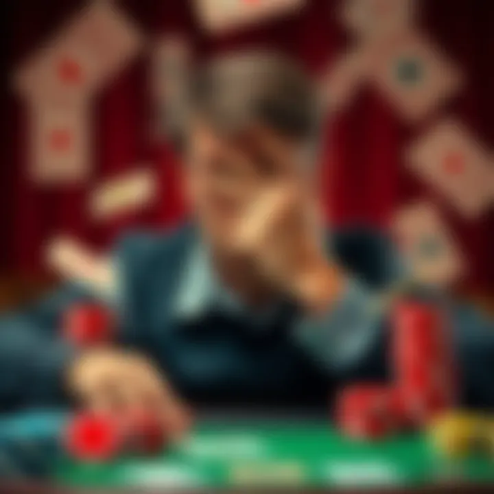 A worried player surrounded by poker chips and debt notices, illustrating the dangers of borrowing money to play poker.