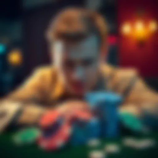 A person reflecting on a poker game with a concerned expression, surrounded by cards and chips, indicating a significant loss.