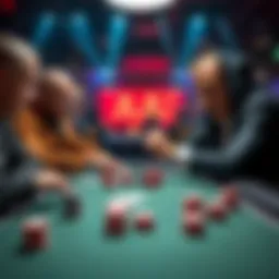 Poker match with two players A poker table scene featuring a player with a pair of aces facing off against a drunken opponent, showcasing tension and decision-making moments.