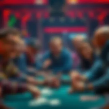 Exciting Poker Moment A group of players at a poker table reacting with surprise and laughter after a surprising flop.