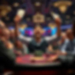 A poker player celebrating a big win with cards raised, surrounded by intrigued spectators at a casino table.