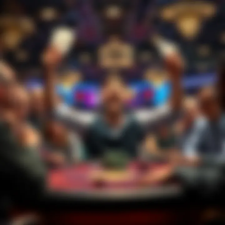 A poker player celebrating a big win with cards raised, surrounded by intrigued spectators at a casino table.