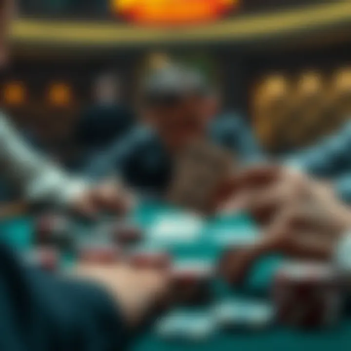Poker table scene showing a player considering a call or fold with QcQd in hand, surrounded by chips and cards