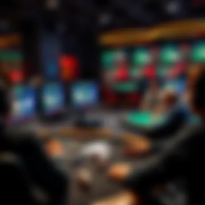 A player managing several poker tables on multiple screens simultaneously, focusing on cards and chips