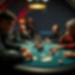 A tense poker game setup with players at a table, chips stacked high and cards dealt, while a friend watches from a distance looking uneasy.
