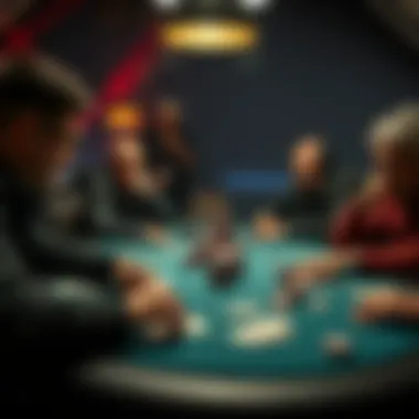A tense poker game setup with players at a table, chips stacked high and cards dealt, while a friend watches from a distance looking uneasy.