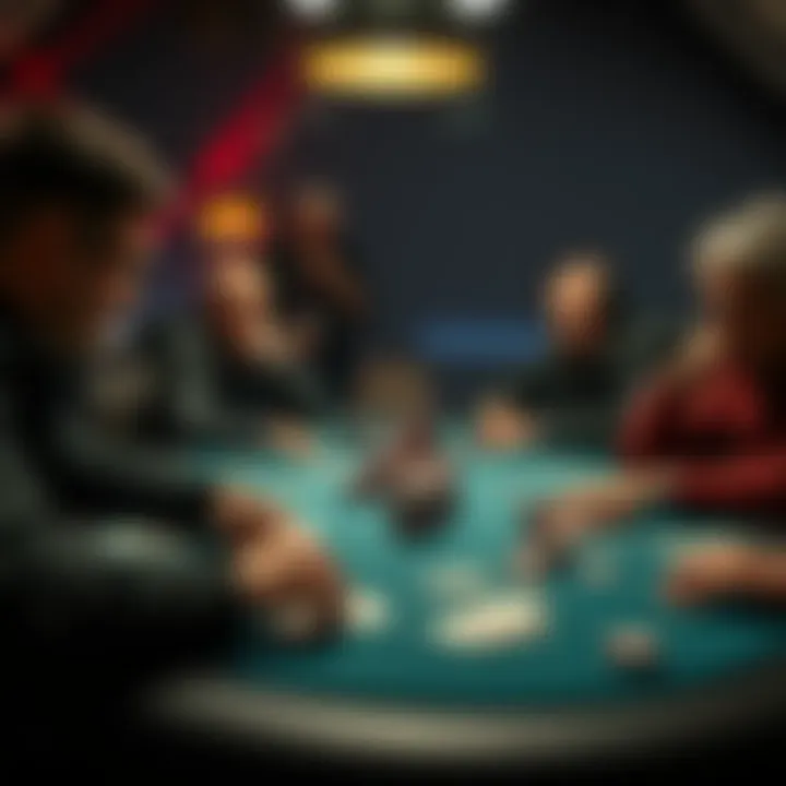 A tense poker game setup with players at a table, chips stacked high and cards dealt, while a friend watches from a distance looking uneasy.