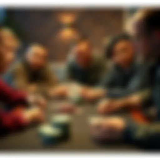 Poker night with friends Group of friends playing 4-card PLO poker at a table, showing cards and chips, with one player appearing confident and experienced while others look surprised