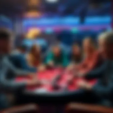 A group of friends playing poker at a table, with a mix of experienced and beginner players. Chips and cards are scattered on the table, showing a fun and casual atmosphere.