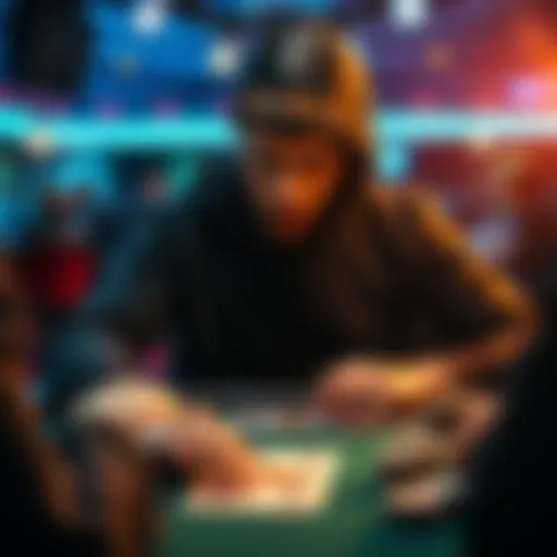 A poker player sits at a table, concentrating intensely as they manage their adrenaline during a game, with cards and chips in front of them.