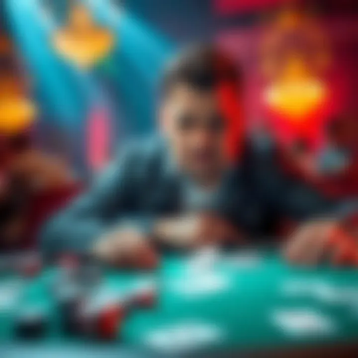 A poker player at a table looking frustrated, surrounded by cards and chips, asking for feedback on their gameplay after many hands played.