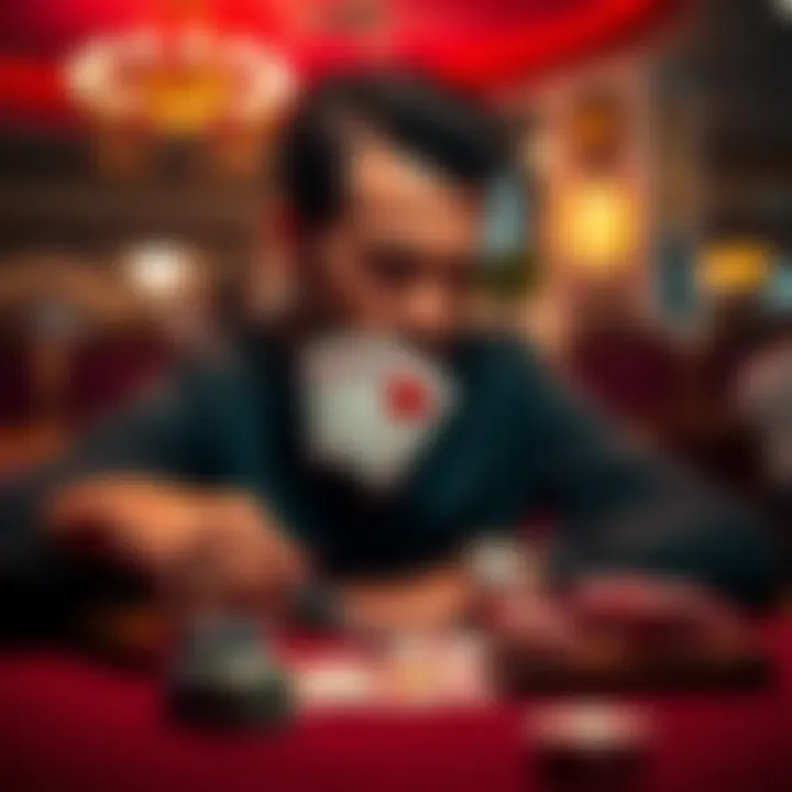 Poker player with AK of hearts A focused poker player contemplating a decision with AK of hearts in hand at the table
