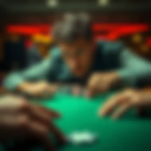 A focused poker player pushes all his chips into the center of the table, showing determination and risk-taking in a high-stakes game.