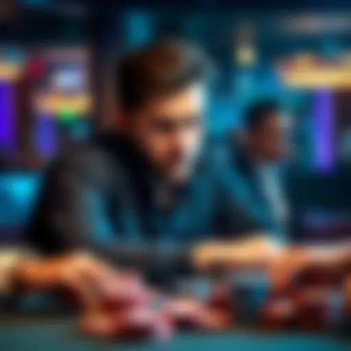 A poker player with AcQc chips in front of them, looking intently at their opponents while preparing to go all-in for a large pot.