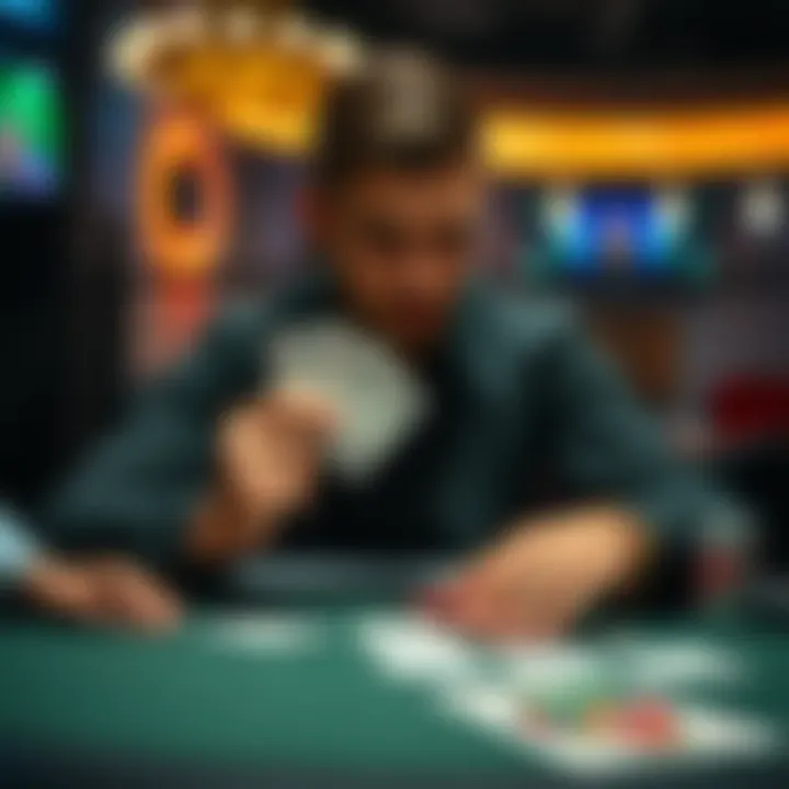 A player at a poker table with cards in hand, looking focused as he goes all-in during a 2/5€ game.