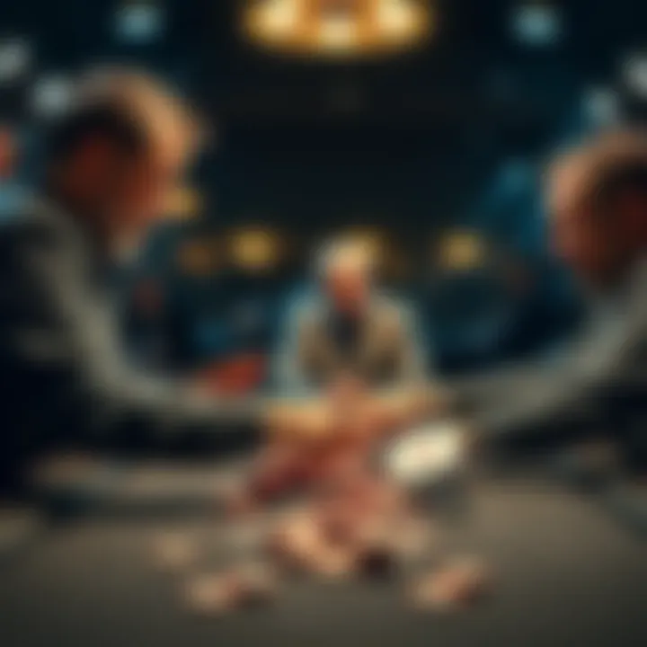 A poker player pushes all their chips to the center of the table, showing a strong hand while discussing with the dealer and another player.