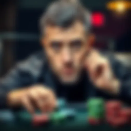 Poker player thinking about all-in decision A close-up of a poker player with a focused expression, contemplating an all-in move, with cards and chips in front of him at the table