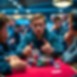 A poker player at home game pushes chips forward, looking surprised after going all-in with weak hand, surrounded by mixed reactions from fellow players.