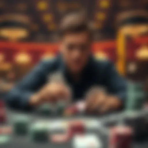 A poker player making an all-in bet with a confident expression at a table, surrounded by chips and cards.