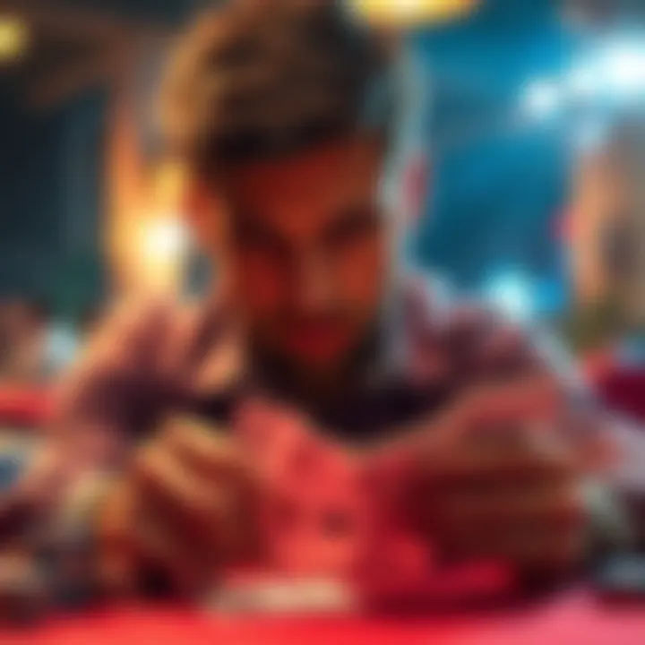 Poker player analyzing cards A focused poker player looking at their hand, considering strategic moves in a game.