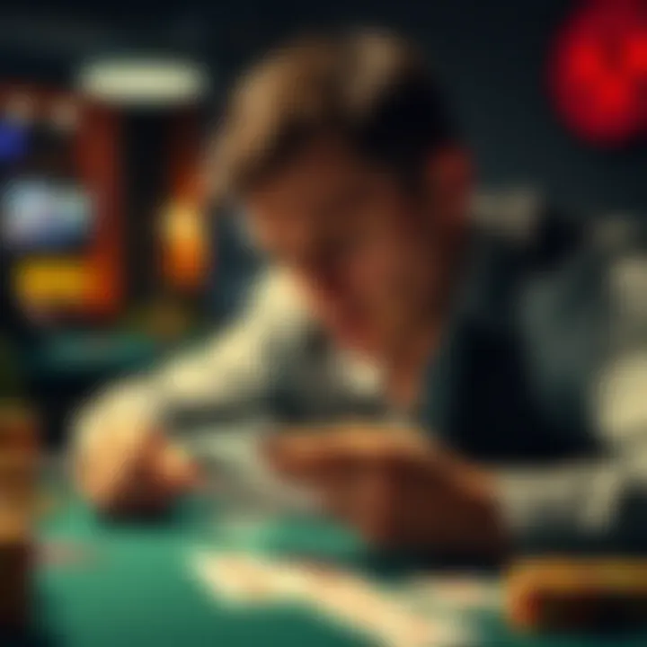 A focused poker player studying their hand and the table during a game, looking for bluffs and weak hands.