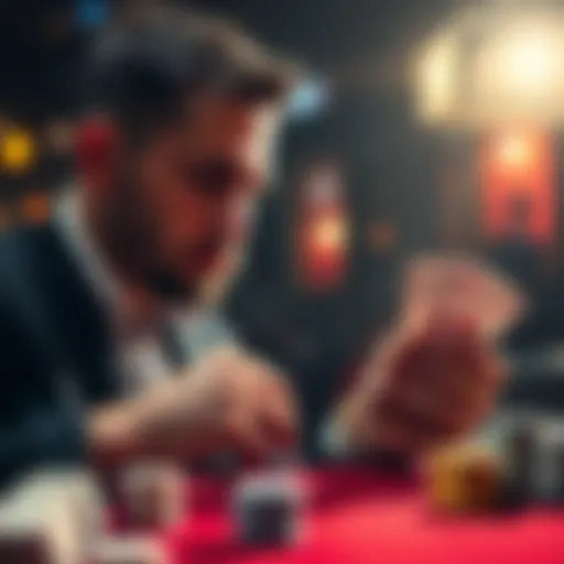 A focused poker player looking at their hand while considering the game board, reflecting on missed opportunities in a crucial hand.