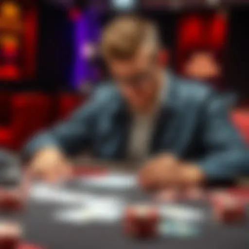 A poker player focused on analyzing GTO ranges, looking at cards and strategy notes at a table