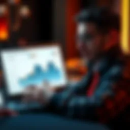 A poker player studying an EV diagram on a laptop, showcasing a downswing after 10,000 hands played.