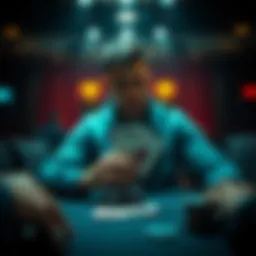 Poker Player Analyzing Hand A poker player sits at a table, deep in thought, analyzing their hand with Q♠J♠ during a game.