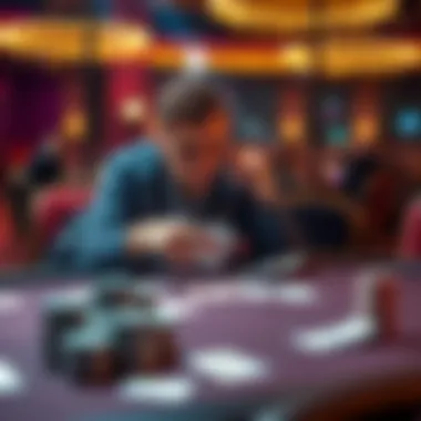 A poker player sits at a table, contemplating their next move during a game. Cards are spread on the table and chips are stacked in front of them as they think about bluffing and strategy.