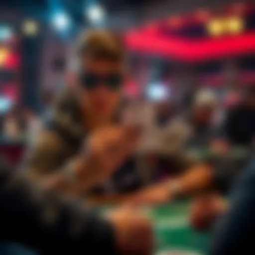 A poker player thoughtfully looks at their cards during a cash game, considering their decisions with a strong hand.
