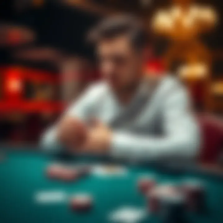 A poker player sits at a table, contemplating their hand with a focused expression, surrounded by chips and cards.