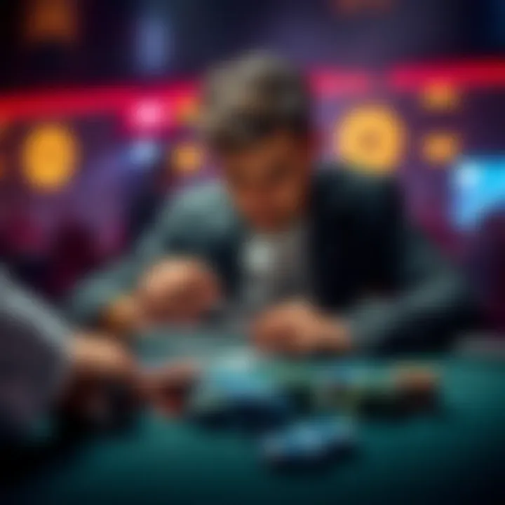 A poker player studying cards at a table, considering which hands to isolate in a casual game.