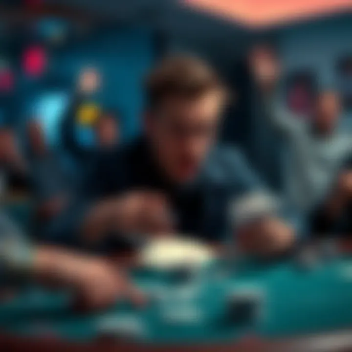 A shocked poker player at a table, holding his cards in disbelief as opponents celebrate a surprising win