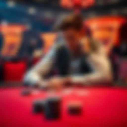 A poker player sitting at a table, deep in thought about a recent aggressive bet at the river, with cards and chips visible on the table.
