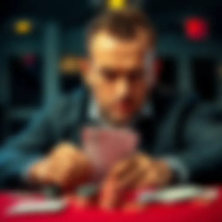 A focused poker player with a serious expression, analyzing his hand while considering a bluff, surrounded by chips and cards on the table.