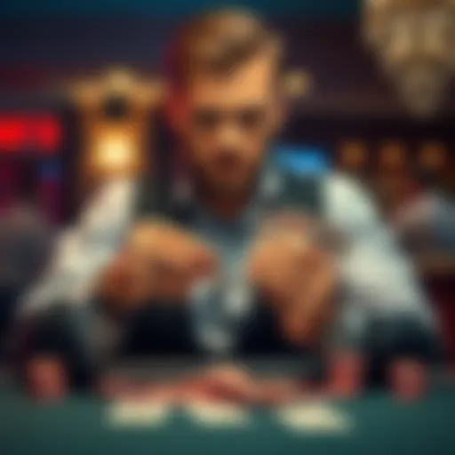 A confident poker player with a focused expression, holding a deck of cards at a table, planning a bluff strategy during a game.