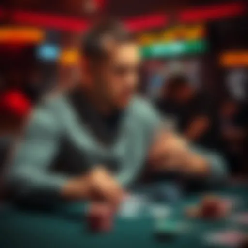 A new poker player analyzing their strategy at a table, looking thoughtful about bluffing with a pair of eights.