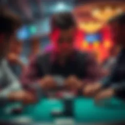 A focused poker player at a table contemplating a decision in a tense game, with chips stacked and cards laid out, surrounded by surprised opponents