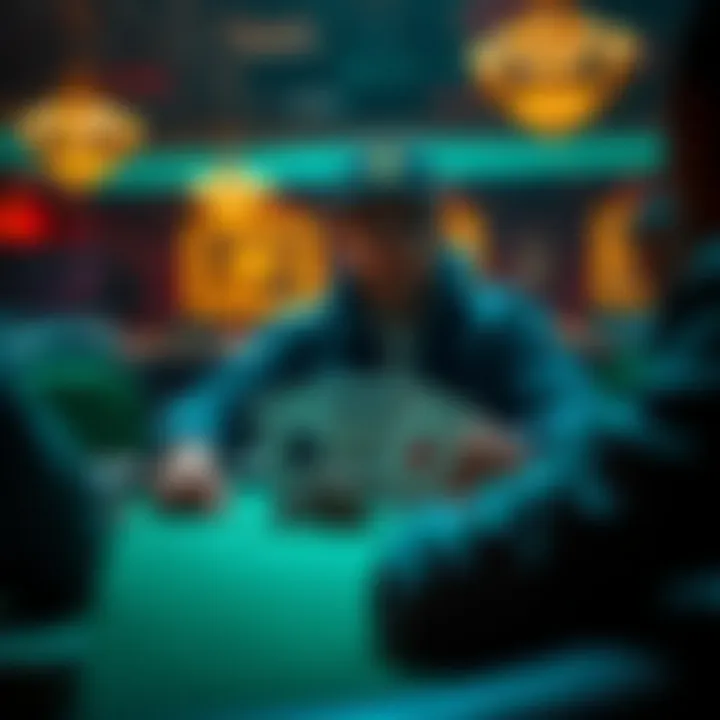 A player at a poker table, showing a pair of nines, contemplating a risky triple-barrel bet in a high-stakes game
